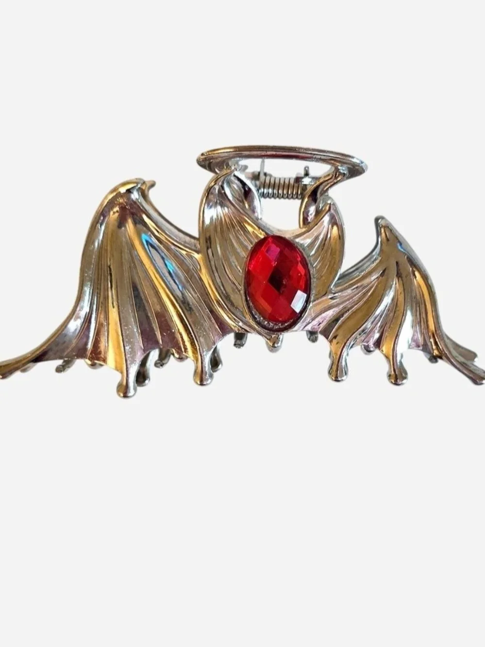 Cosmic Aura Silver Bat Wing Red Gemstones Claw Hair Clip